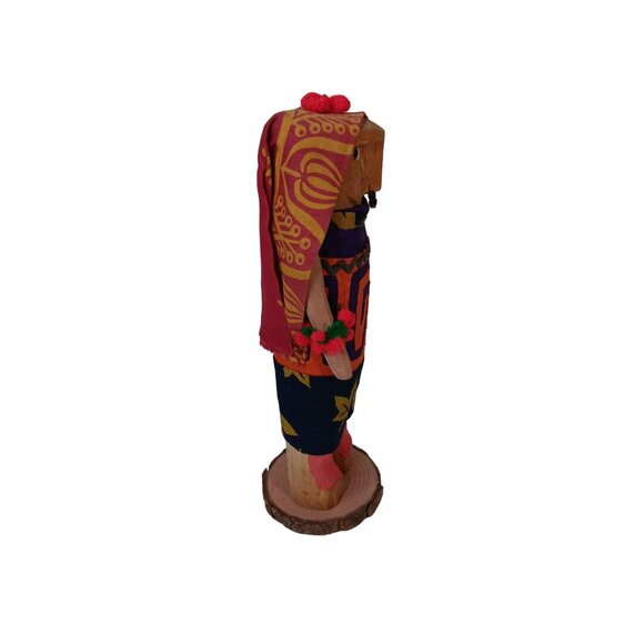 Handcrafted Wooden Tribal Folk Art Doll With Hand-Painted Details & Fabric Dress - Picture 3 of 8